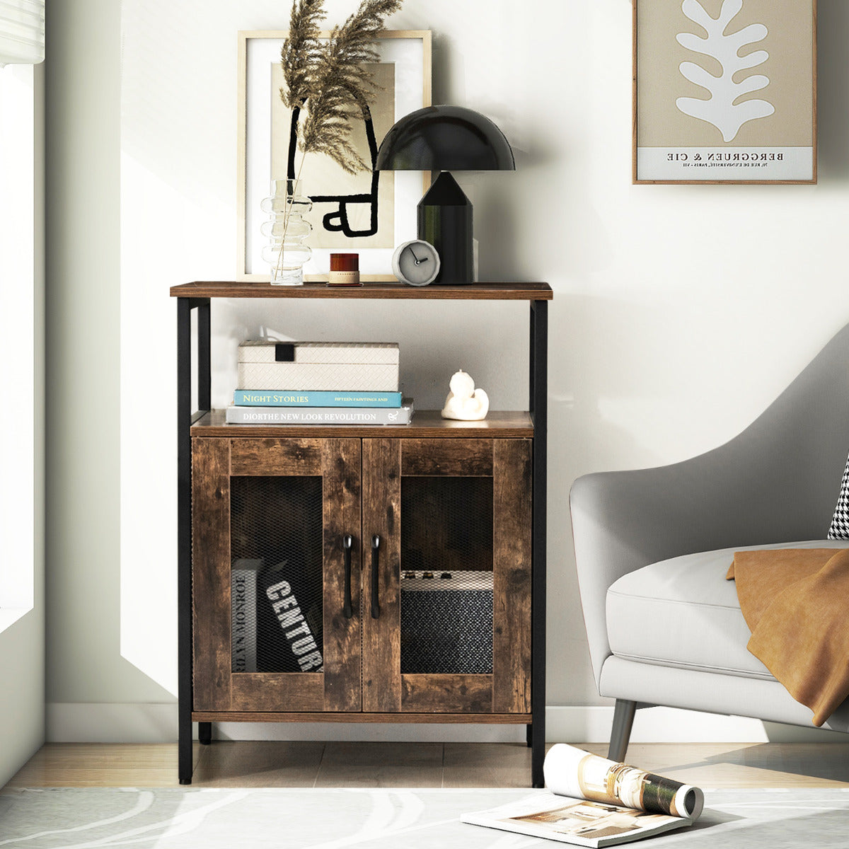 LIVSK Wijnkast met Verwijderbaar Wijnrek en Glashouders - Stevig Metaal en Hout - Industrieel Design - 60 x 34 x 79 cm - Rustiek