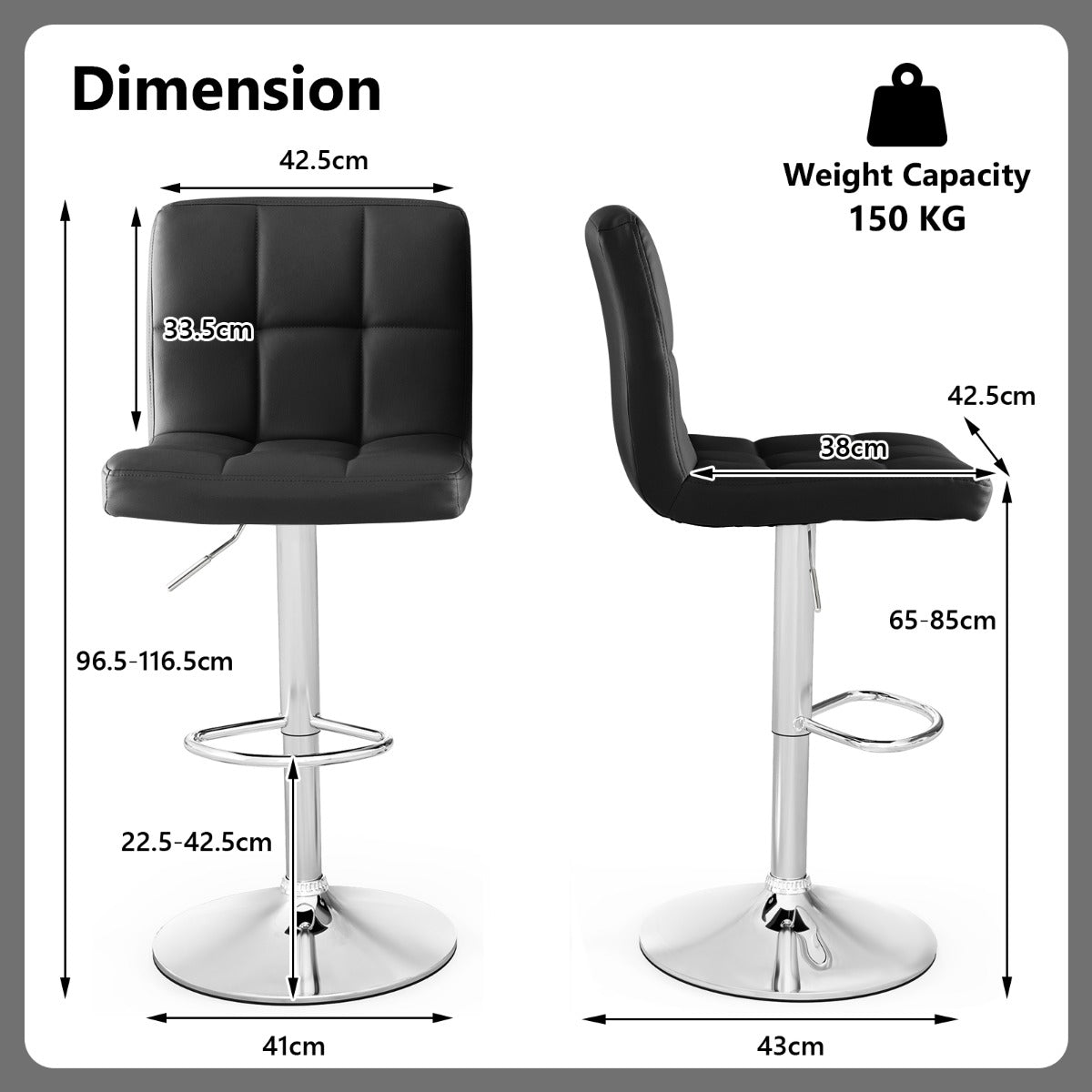 LIVSK Verstelbare Barkruk - Draaibaar 360° - Zithoogte 65-85 cm - Kunstleer - Ondersteuning tot 150 kg - Zwart