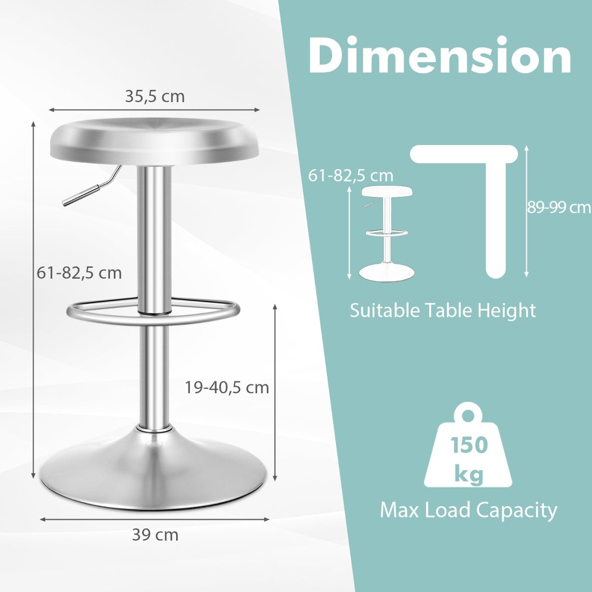 LIVSK Verstelbare Barkruk van Roestvrij Staal - Draaibaar en Ergonomisch - Tot 150 kg - Antislip Basis - 61-83 cm - Zilver