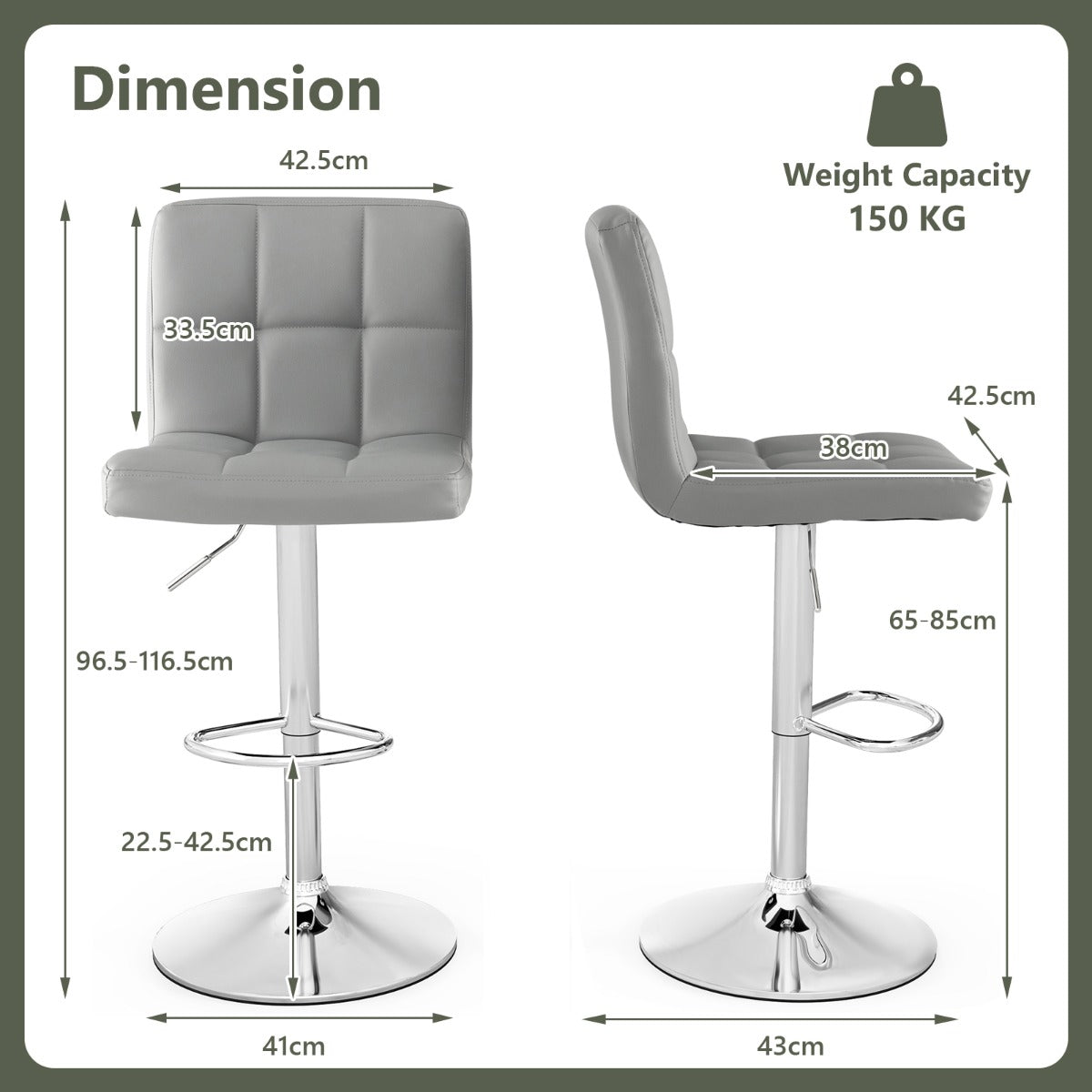 LIVSK Barkrukset met Verstelbare Zithoogte - 360° Draaibaar - Schuine Rugleuning - PU Leer - Tot 150 kg - Grijs