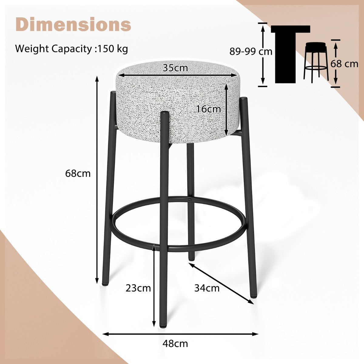 LIVSK Moderne Barkruk zonder Rugleuning - Hoogwaardig Linnen - Stevig Metalen Onderstel - Tot 150 kg - 48 x 48 x 68 cm - Grijs +
