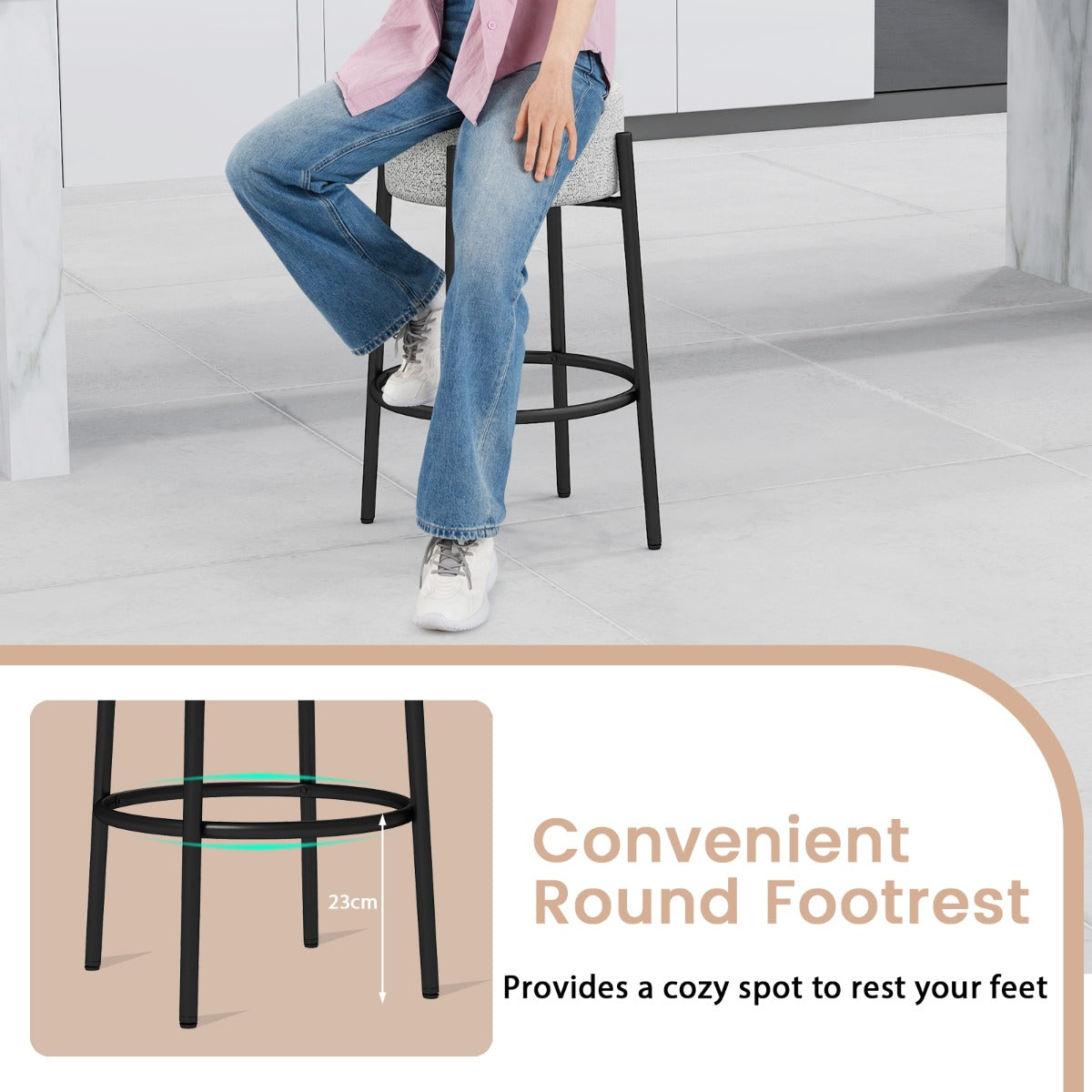 LIVSK Moderne Barkruk zonder Rugleuning - Hoogwaardig Linnen - Stevig Metalen Onderstel - Tot 150 kg - 48 x 48 x 68 cm - Grijs +