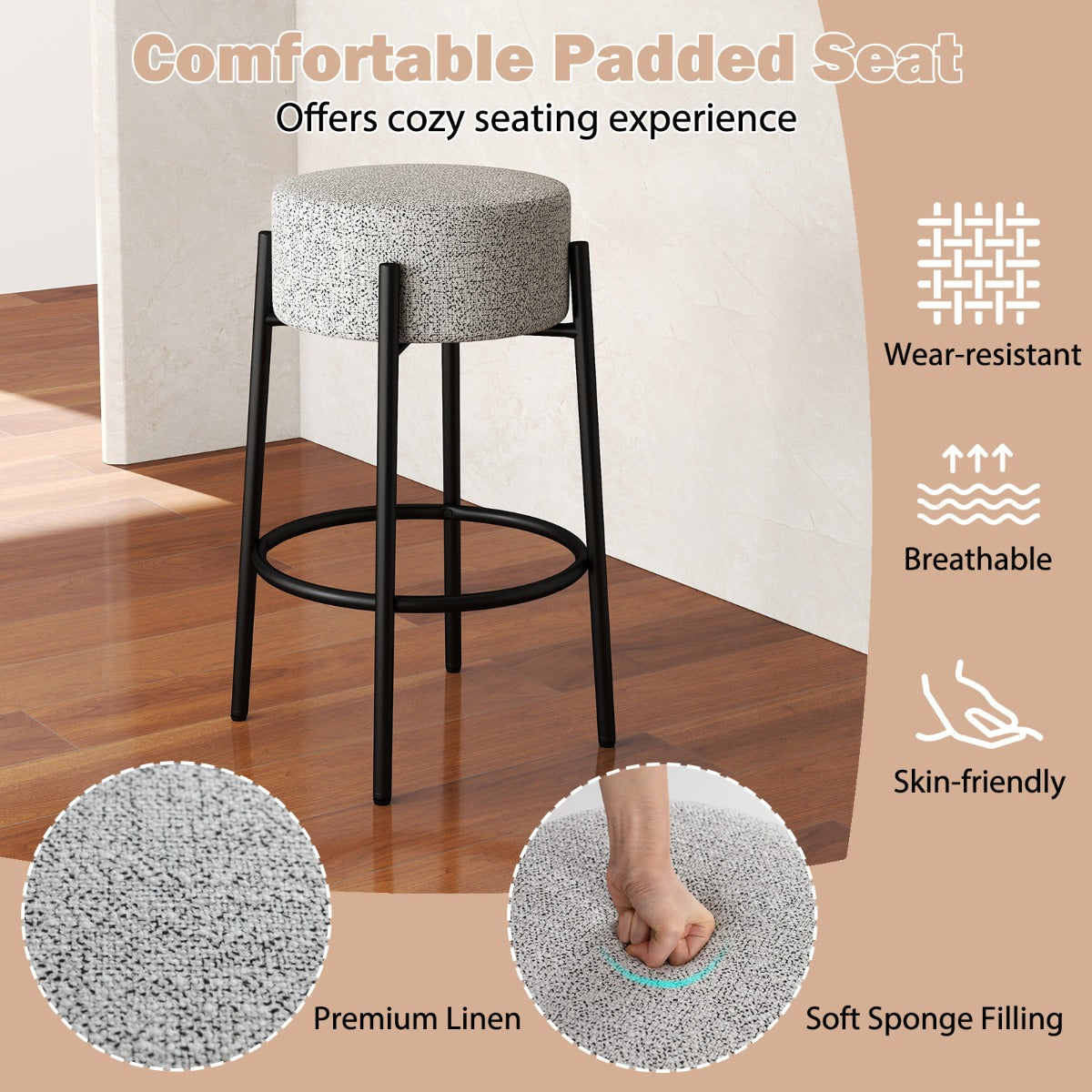 LIVSK Moderne Barkruk zonder Rugleuning - Hoogwaardig Linnen - Stevig Metalen Onderstel - Tot 150 kg - 48 x 48 x 68 cm - Grijs +