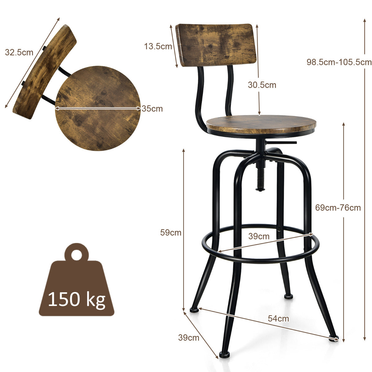 LIVSK Verstelbare Barkrukken Set van 2 - Draaibaar - Afneembare Rugleuning - Ergonomisch - Tot 150 kg - Rustiek bruin - Zwart