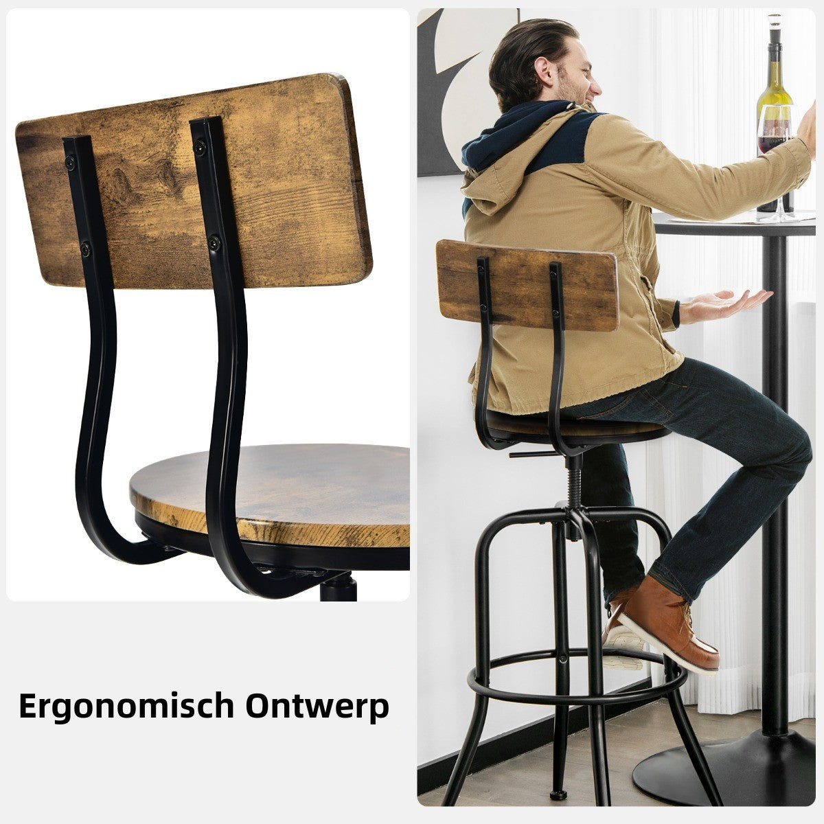 LIVSK Verstelbare Barkrukken Set van 2 - Draaibaar - Afneembare Rugleuning - Ergonomisch - Tot 150 kg - Rustiek bruin - Zwart
