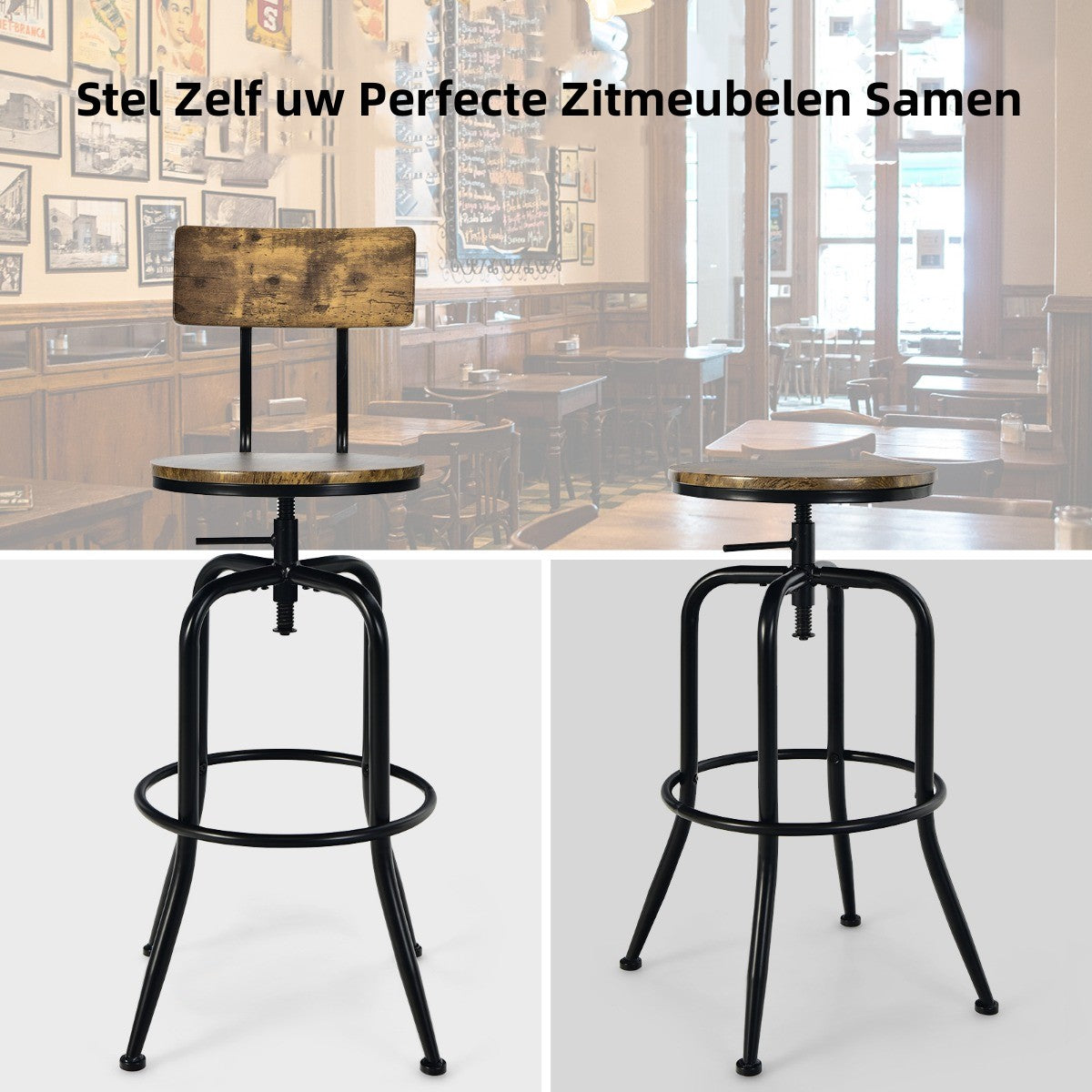 LIVSK Verstelbare Barkrukken Set van 2 - Draaibaar - Afneembare Rugleuning - Ergonomisch - Tot 150 kg - Rustiek bruin - Zwart