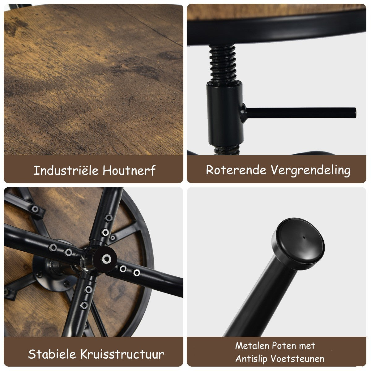 LIVSK Verstelbare Barkrukken Set van 2 - Draaibaar - Afneembare Rugleuning - Ergonomisch - Tot 150 kg - Rustiek bruin - Zwart