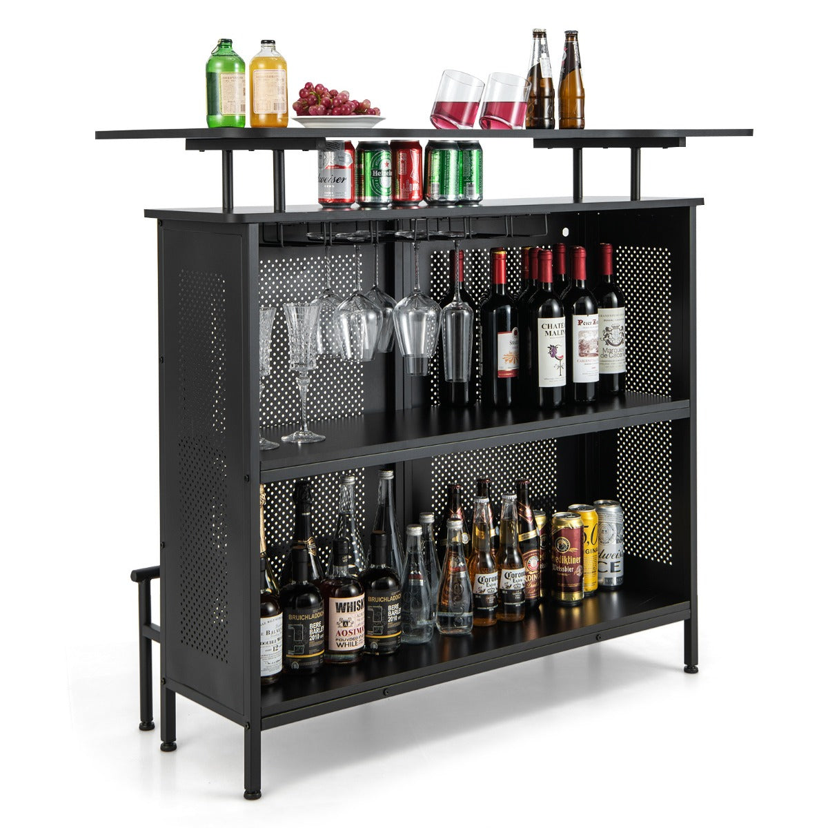 LIVSK Bartafel met Opbergruimte - 4 Niveaus - Verstelbare Poten - Stevige Voetensteun - 120 x 50 x 106,5 cm - Zwart