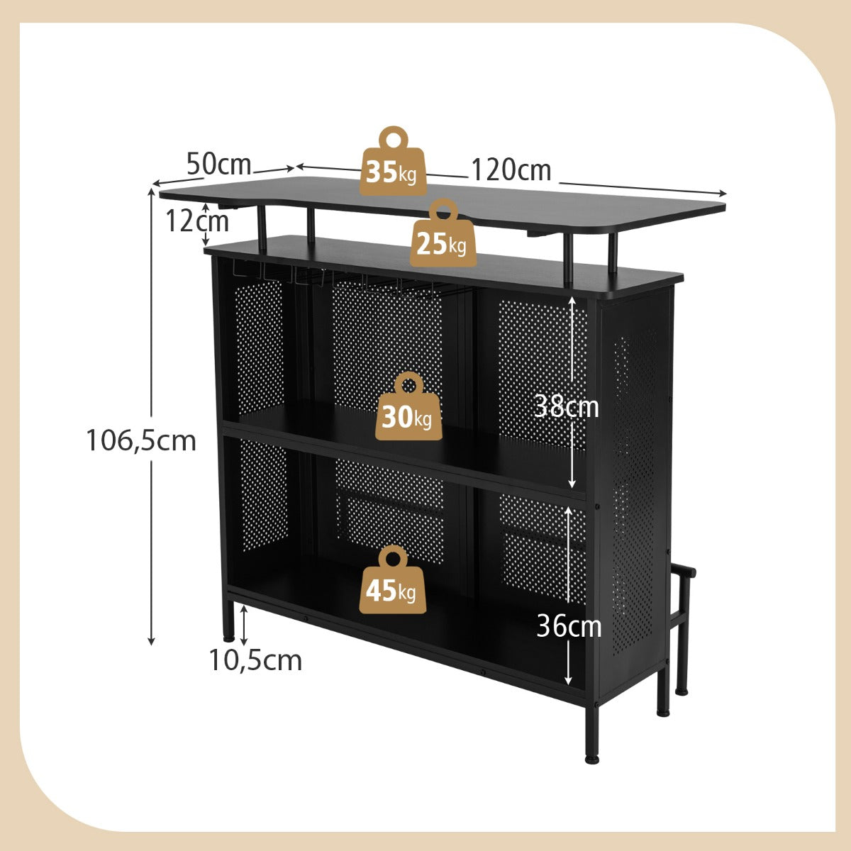 LIVSK Bartafel met Opbergruimte - 4 Niveaus - Verstelbare Poten - Stevige Voetensteun - 120 x 50 x 106,5 cm - Zwart