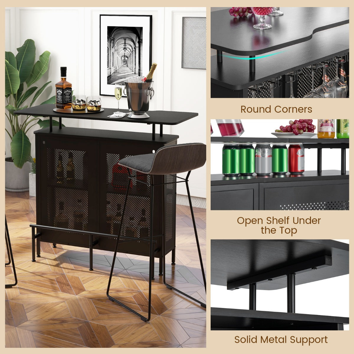LIVSK Bartafel met Opbergruimte - 4 Niveaus - Verstelbare Poten - Stevige Voetensteun - 120 x 50 x 106,5 cm - Zwart