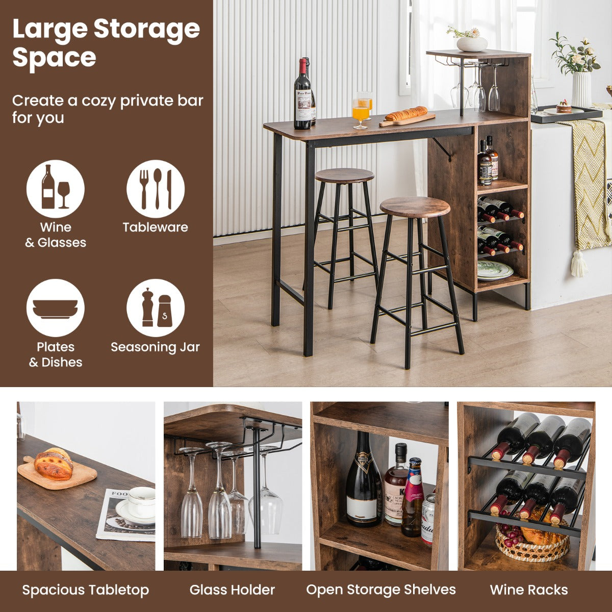LIVSK Bartafel en Krukenset - Multifunctionele Zijplanken - Comfortabele Barkrukken - Duurzaam en Robuust - Bruin