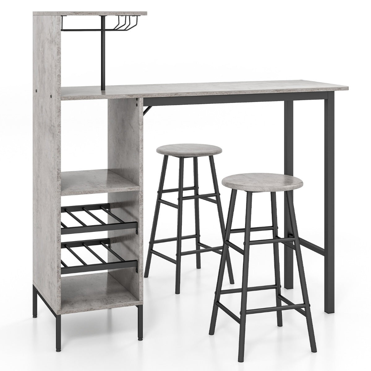 LIVSK Bartafel met 2 Barkrukken - Multifunctionele Opbergruimte voor Wijn - Versterkte Constructie - 120 x 70 x 75 cm - Grijs