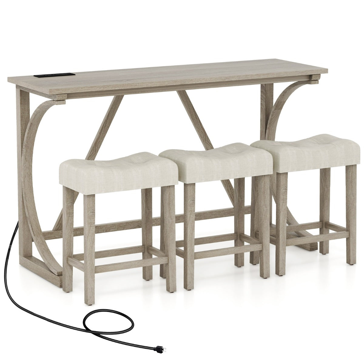 LIVSK Bartafelset met Stopcontacten - Ergonomische Zadelzittingen - Massief Hout - Ruimtebesparend - Grijs + Beige