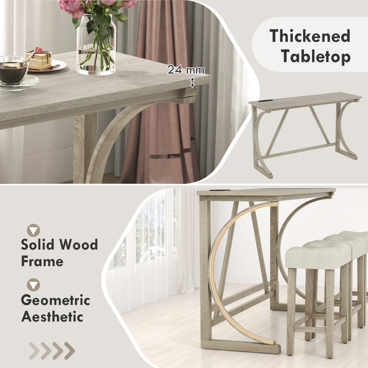LIVSK Bartafelset met Stopcontacten - Ergonomische Zadelzittingen - Massief Hout - Ruimtebesparend - Grijs + Beige