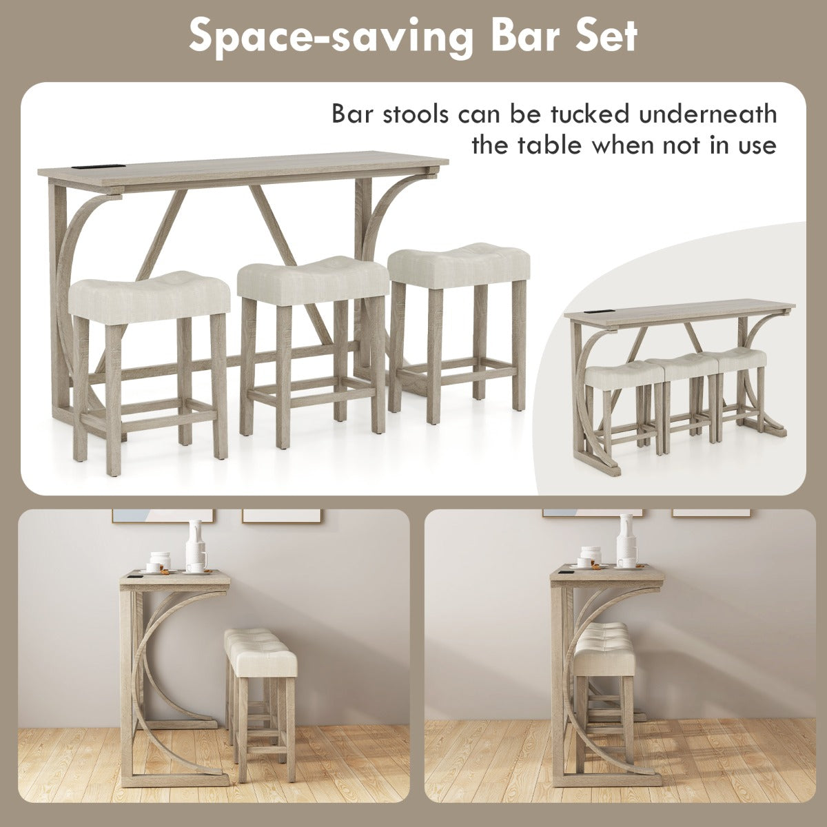 LIVSK Bartafelset met Stopcontacten - Ergonomische Zadelzittingen - Massief Hout - Ruimtebesparend - Grijs + Beige