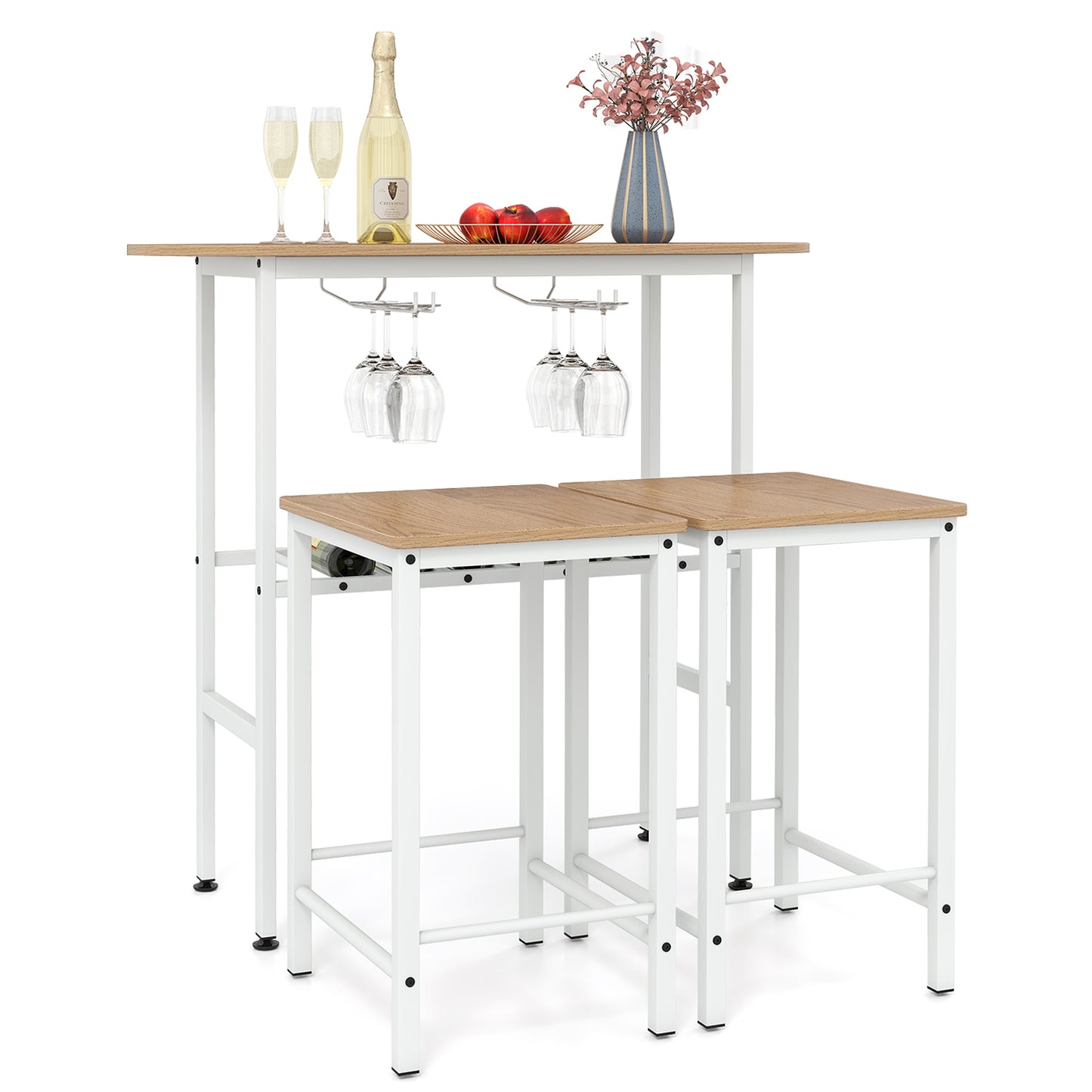 LIVSK Bartafelset voor 2 Personen - Stevig Poedergecoat Frame - Inclusief Wijnglashouders en Wijnrek - Natuur + Zwart