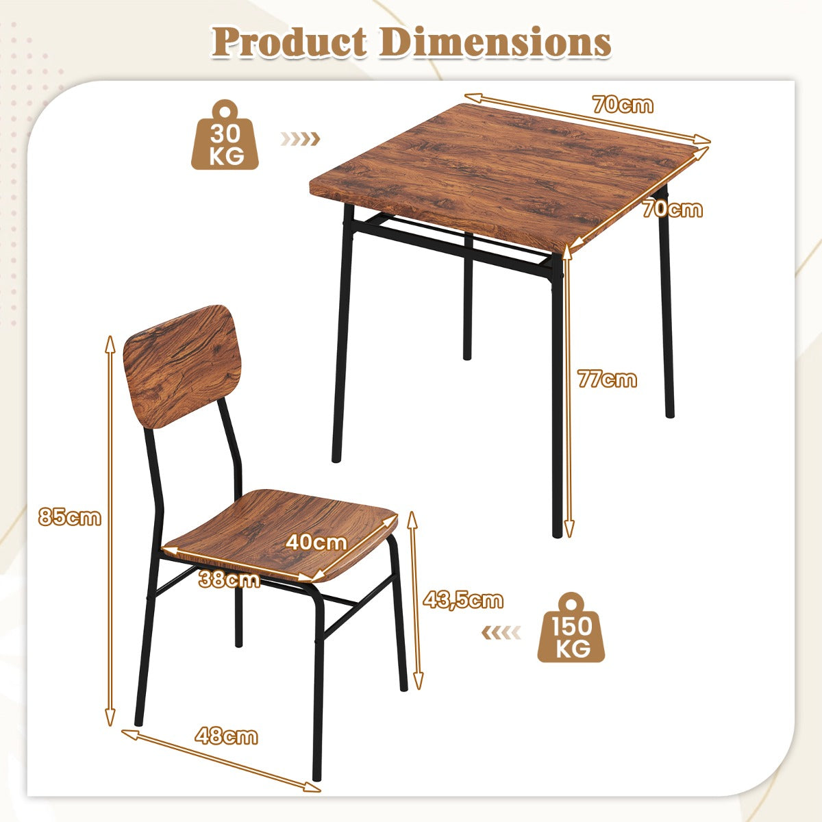 LIVSK Eettafelset voor 2 Personen - Ruimtebesparend met Opbergrek - Robuust Metaal en Imitatiehout - Retro Elegant - Koffie