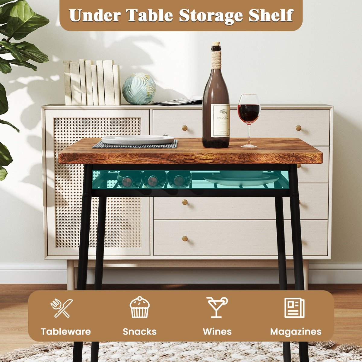 LIVSK Eettafelset voor 2 Personen - Ruimtebesparend met Opbergrek - Robuust Metaal en Imitatiehout - Retro Elegant - Koffie