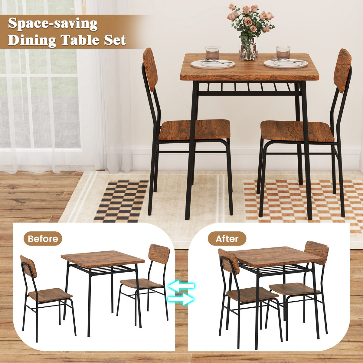 LIVSK Eettafelset voor 2 Personen - Ruimtebesparend met Opbergrek - Robuust Metaal en Imitatiehout - Retro Elegant - Koffie