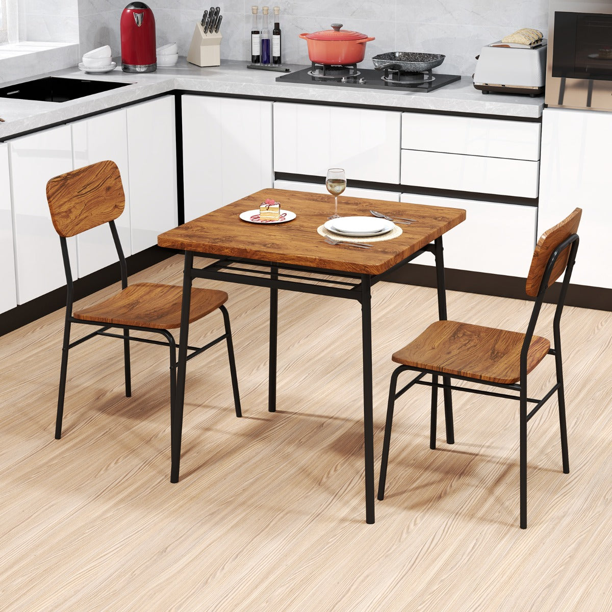 LIVSK Eettafelset voor 2 Personen - Ruimtebesparend met Opbergrek - Robuust Metaal en Imitatiehout - Retro Elegant - Koffie