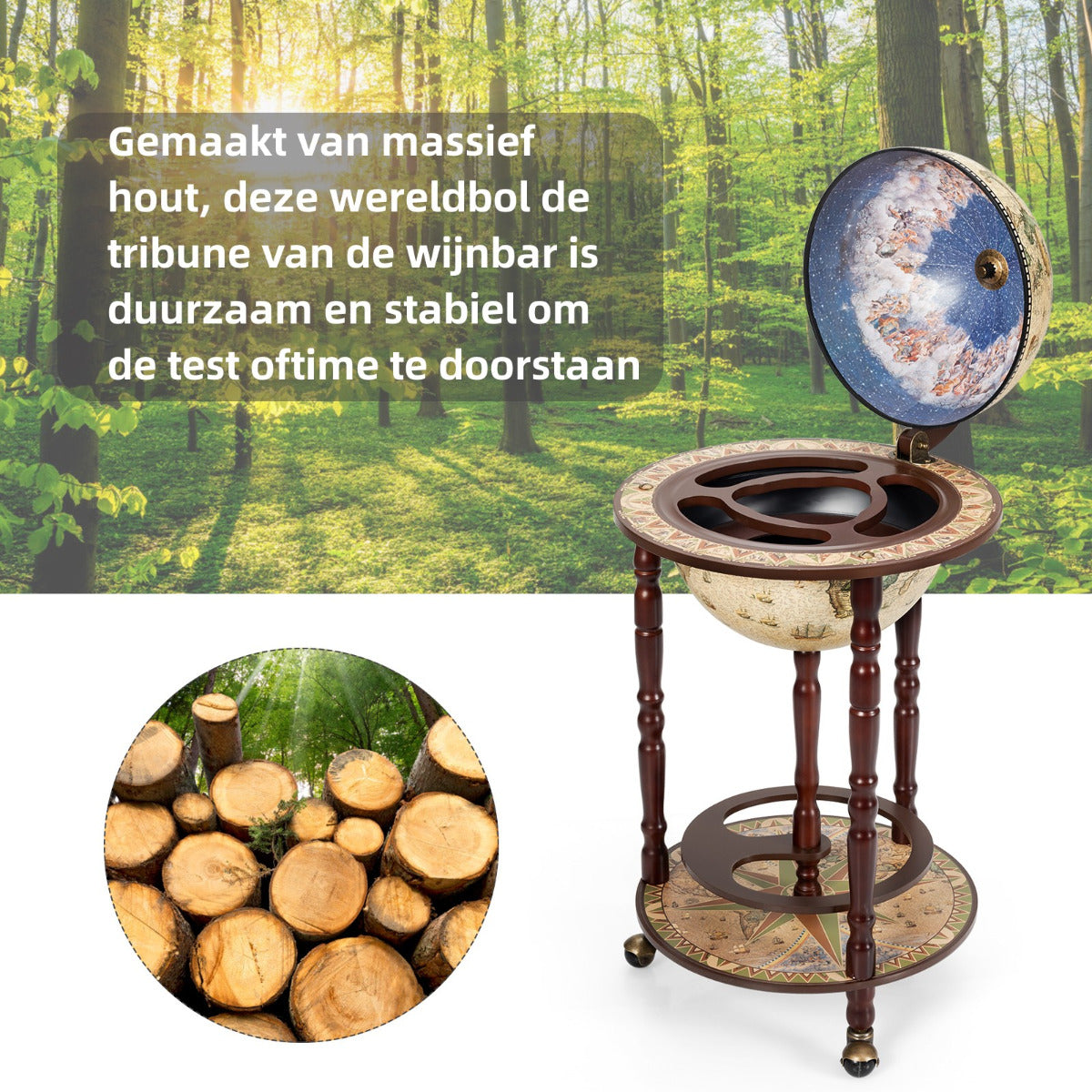 LIVSK Italiaanse Wijnbar - Massief Eucalyptushout met Antieke Afwerking - Verplaatsbaar met Wielen - 45 x 45 x 88 cm - Bruin