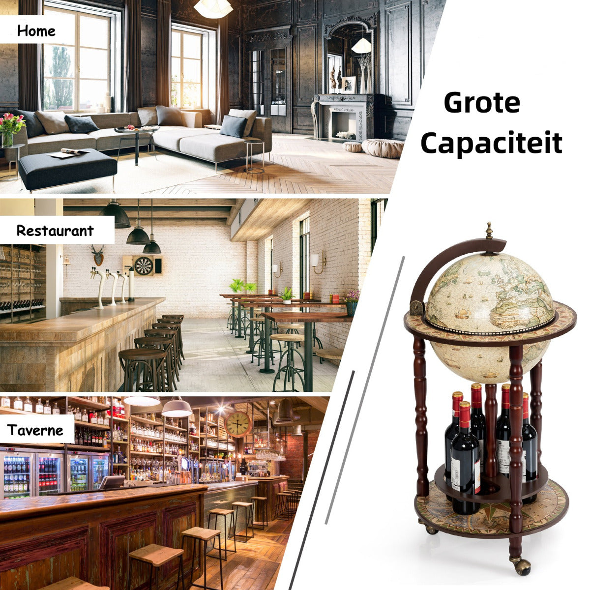 LIVSK Italiaanse Wijnbar - Massief Eucalyptushout met Antieke Afwerking - Verplaatsbaar met Wielen - 45 x 45 x 88 cm - Bruin