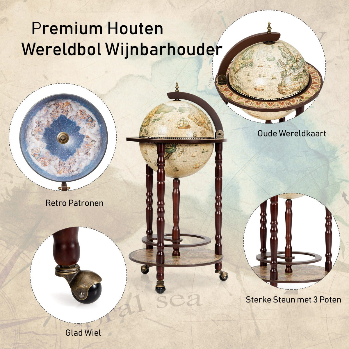 LIVSK Italiaanse Wijnbar - Massief Eucalyptushout met Antieke Afwerking - Verplaatsbaar met Wielen - 45 x 45 x 88 cm - Bruin