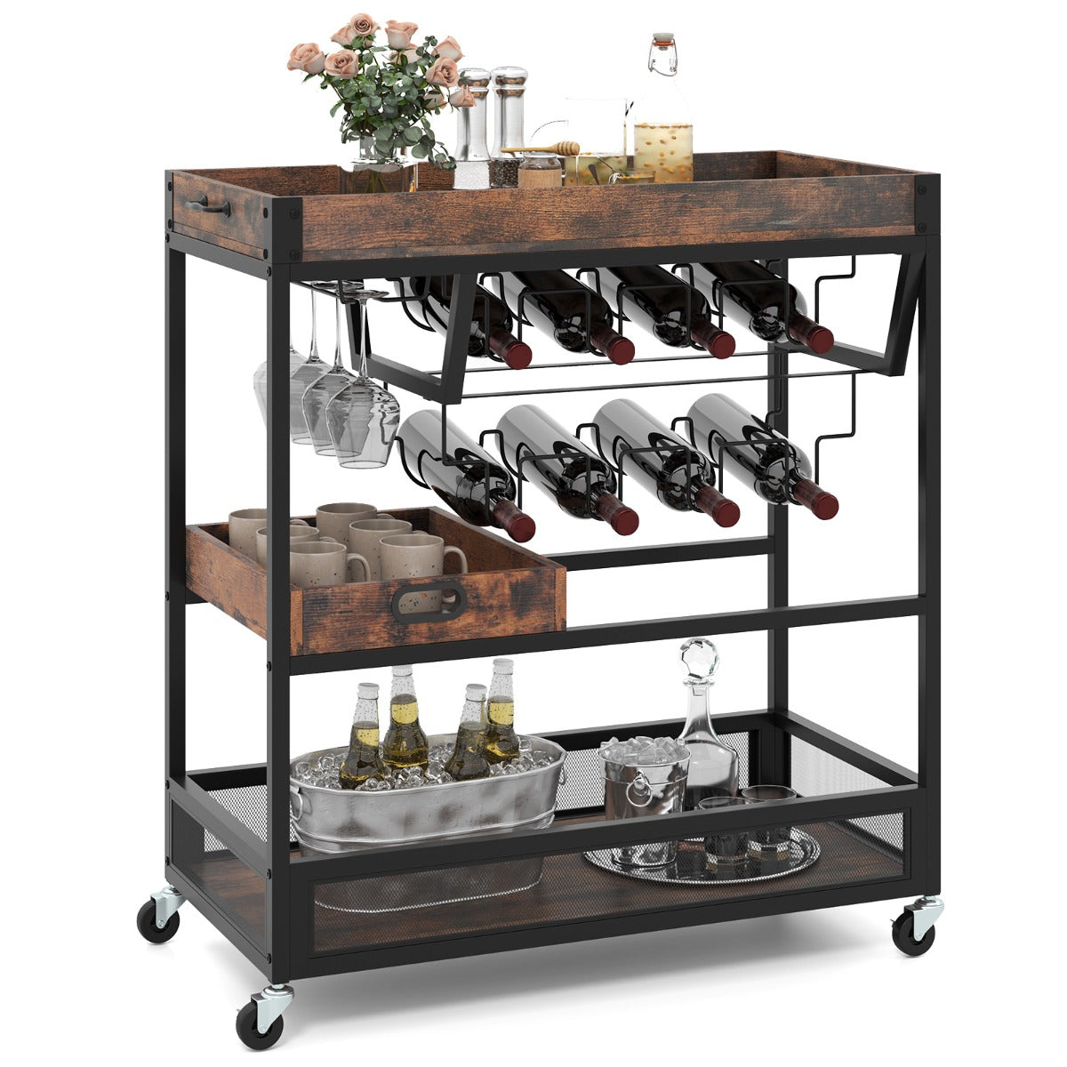 LIVSK Vergrendelbare Serveertrolley - Afneembaar Dienblad - Glashouders - Duurzaam Metaal - Industrieel Design - Rustiek bruin +