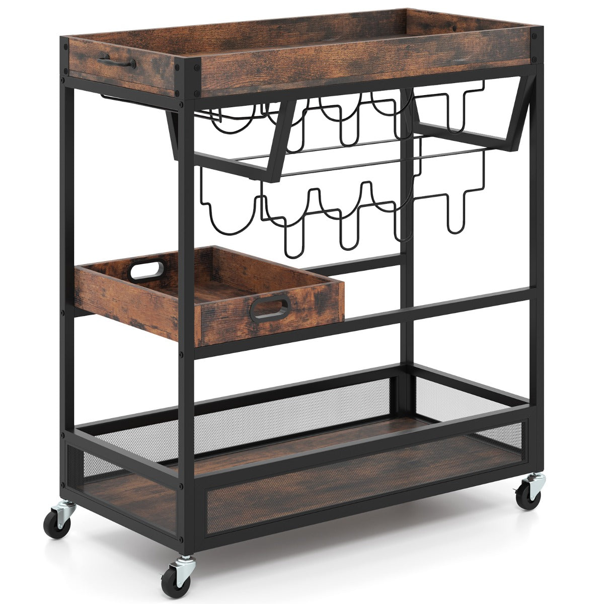 LIVSK Vergrendelbare Serveertrolley - Afneembaar Dienblad - Glashouders - Duurzaam Metaal - Industrieel Design - Rustiek bruin +