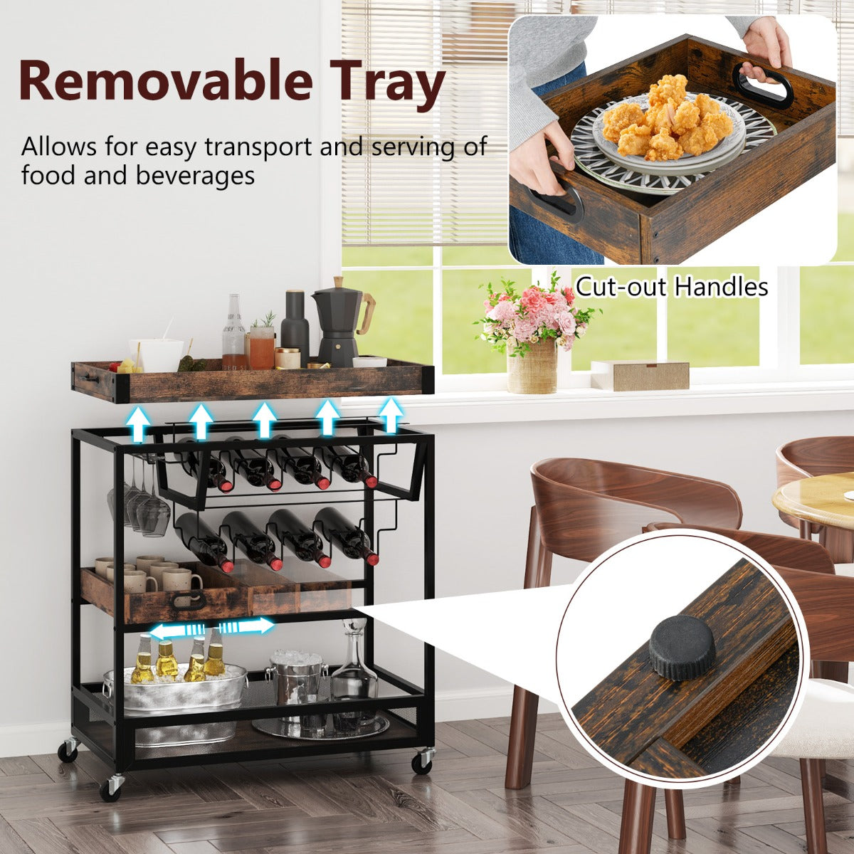 LIVSK Vergrendelbare Serveertrolley - Afneembaar Dienblad - Glashouders - Duurzaam Metaal - Industrieel Design - Rustiek bruin +