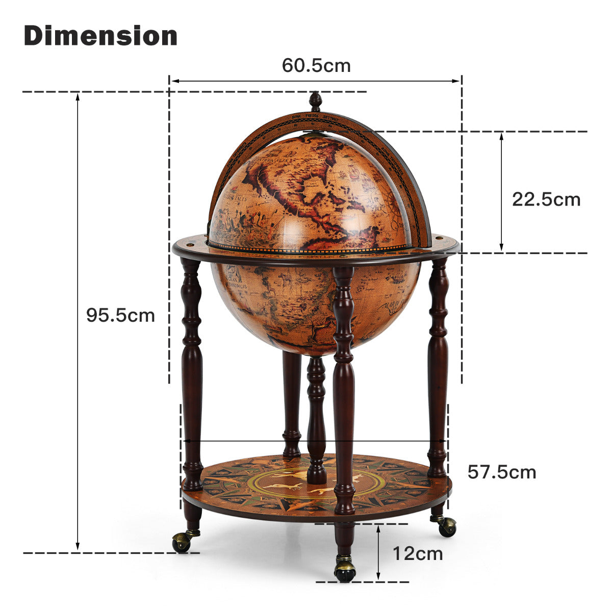 LIVSK Wereldbol Wijnkast Standaard - Vintage Design - Ruimte voor 5 Wijnflessen - Duurzaam MDF - Gemakkelijk Verplaatsbaar -