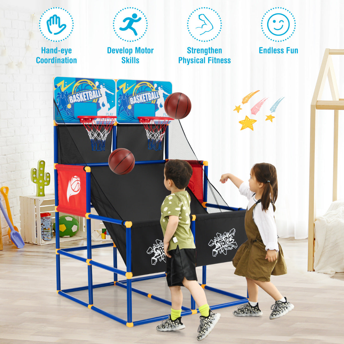 LIVSK Basketbal Arcade voor Kinderen - Dubbele Basket - Inclusief 4 Ballen en Pomp - Stabiel en Duurzaam - 90 x 90 x 140 cm -