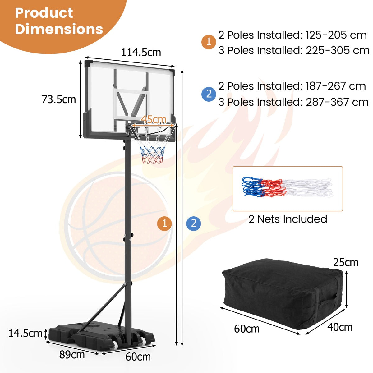LIVSK Verstelbare Basketbalring - Hoogte 125-305 cm - Duurzaam Backboard - Mobiel met Wielen - Voor Binnen en Buiten - Zwart