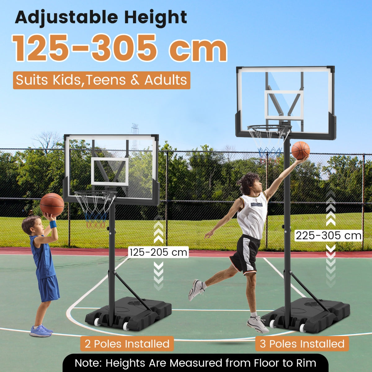 LIVSK Verstelbare Basketbalring - Hoogte 125-305 cm - Duurzaam Backboard - Mobiel met Wielen - Voor Binnen en Buiten - Zwart