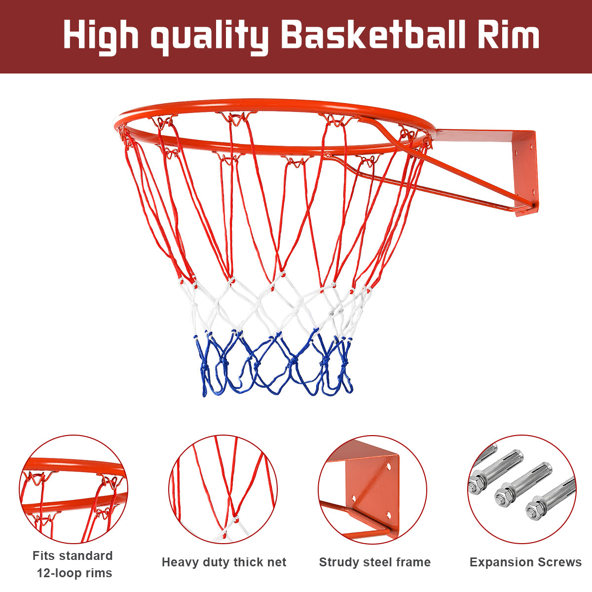 LIVSK Professionele Wandmontage Basketbalring - Stalen Constructie - Nylon Net - Voor Binnen en Buiten - 45 cm - Oranje-Rood +