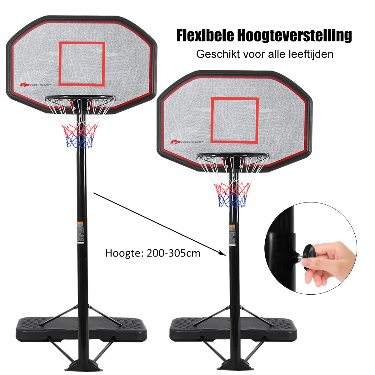 LIVSK Draagbare Basketbalring - Verstelbare Hoogte 220-305 cm - Stabiele Basis met Water/Zand - Duurzaam Stalen Frame - Zwart +