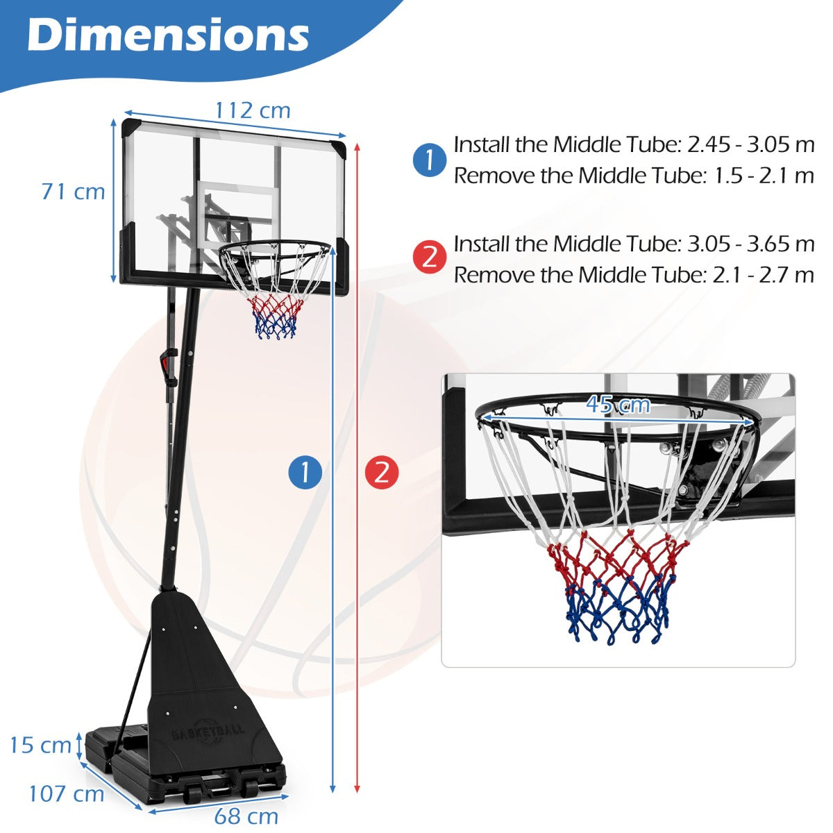 LIVSK Verstelbare Basketbalring - 10 Hoogtes van 2,45 tot 3,05 m - Onbreekbaar Backboard - Mobiel Ontwerp - Zwart