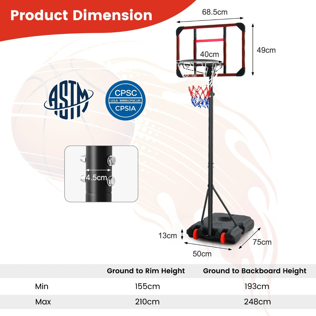 LIVSK Basketbalring met Verstelbare Hoogte 155-210 cm - Schokabsorberend Backboard - Stabiele Basis met Wielen - Rood