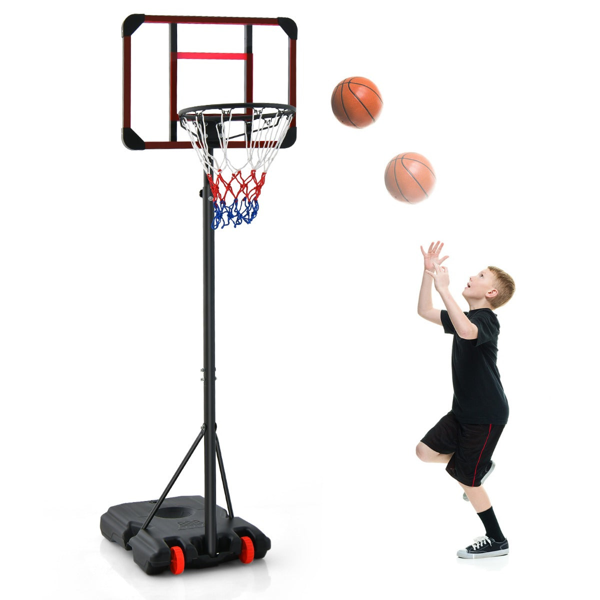 LIVSK Basketbalring met Verstelbare Hoogte 155-210 cm - Schokabsorberend Backboard - Stabiele Basis met Wielen - Rood