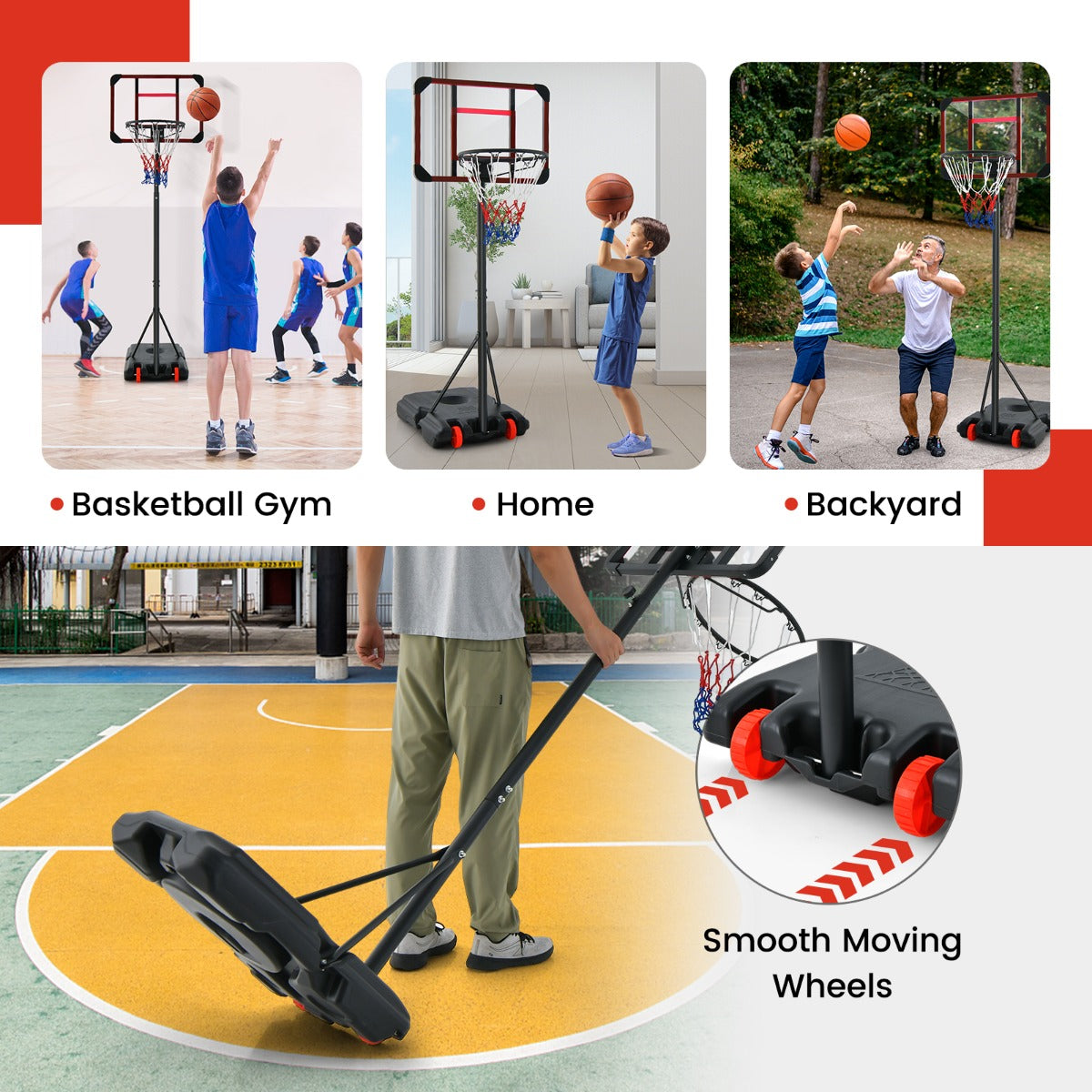 LIVSK Basketbalring met Verstelbare Hoogte 155-210 cm - Schokabsorberend Backboard - Stabiele Basis met Wielen - Rood