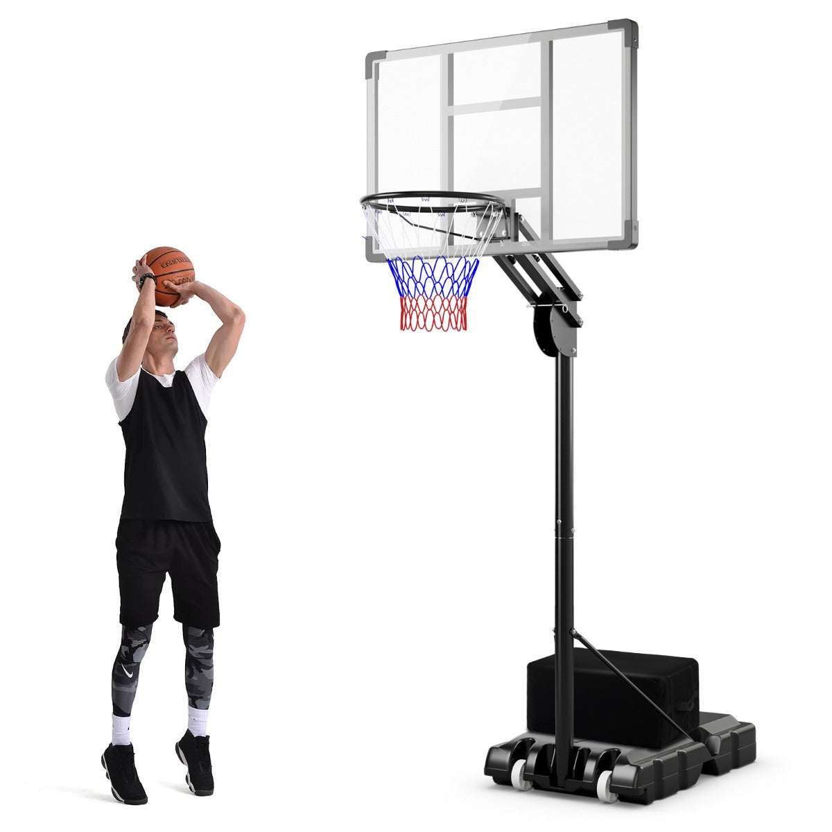 LIVSK Basketbalring Verstelbaar 1,49-3,05m - Onbreekbaar Backboard - Gewichtstas - Met Wielen - Zwart