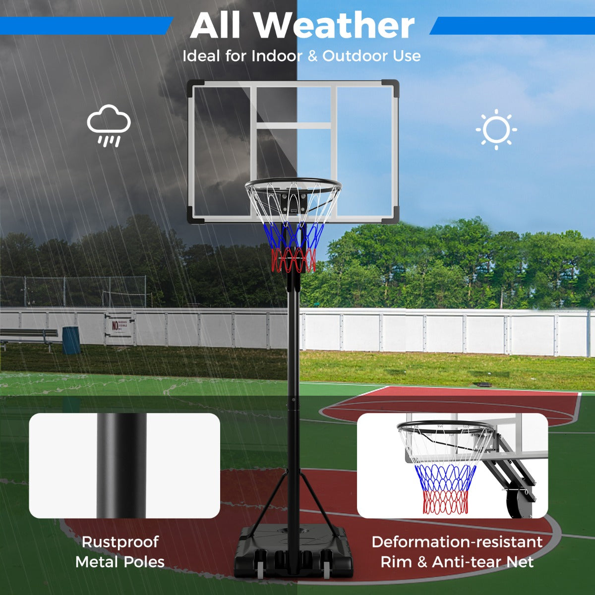 LIVSK Basketbalring Verstelbaar 1,49-3,05m - Onbreekbaar Backboard - Gewichtstas - Met Wielen - Zwart