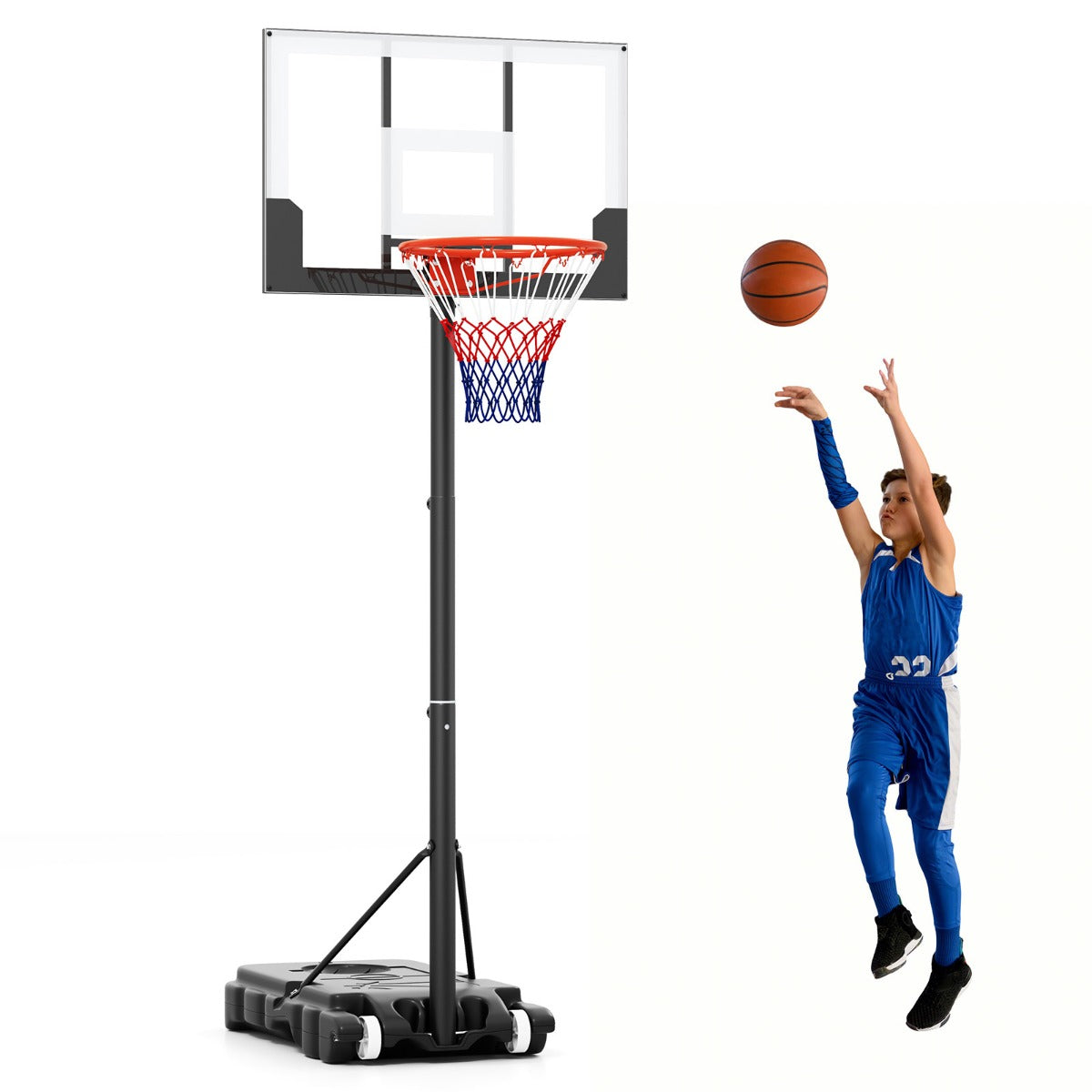 LIVSK Basketbalkorf - Verstelbaar 100-212 cm - Slagvast PC-backboard - Stabiele PE-basis met Wielen - Zwart