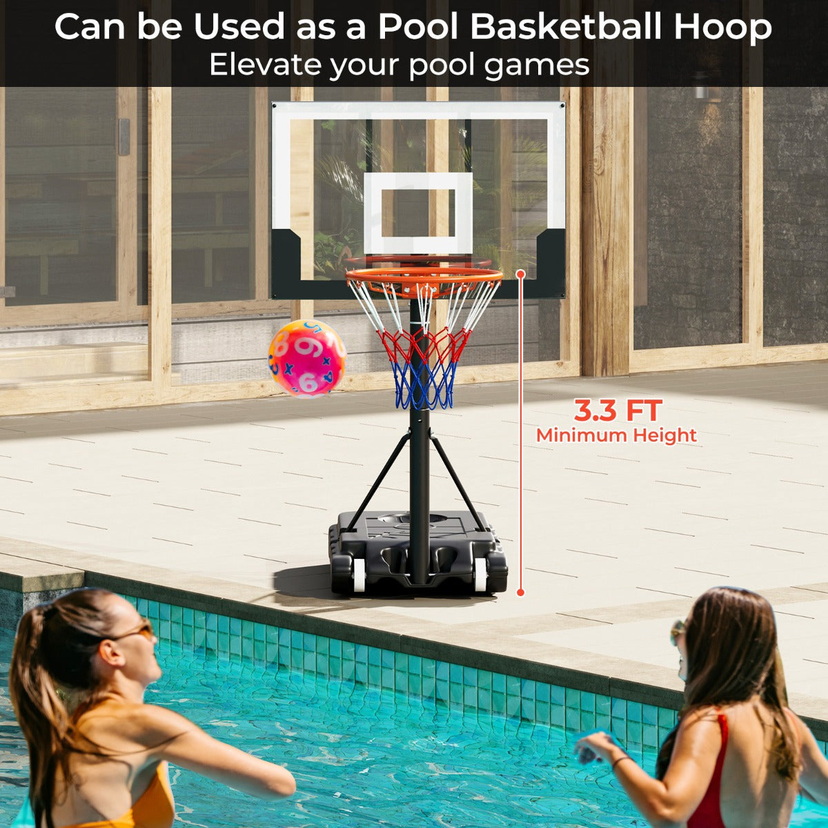 LIVSK Basketbalkorf - Verstelbaar 100-212 cm - Slagvast PC-backboard - Stabiele PE-basis met Wielen - Zwart