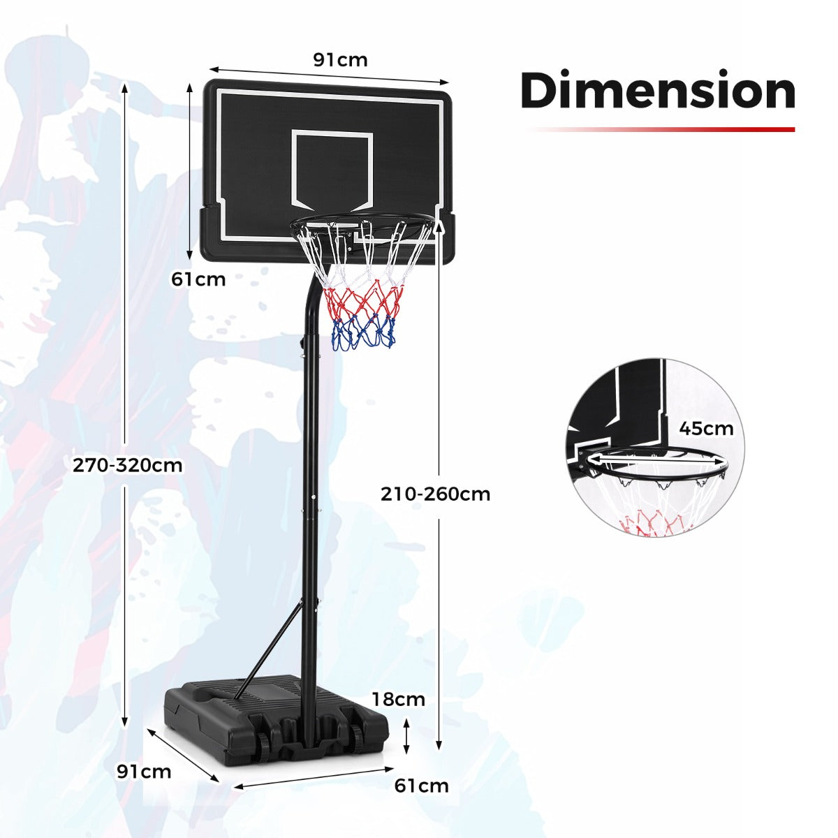 LIVSK Draagbare Basketbalkorf - Verstelbare Hoogte 2,1-2,6 m - Onbreekbare PC Achterwand - Transportwielen - Zwart