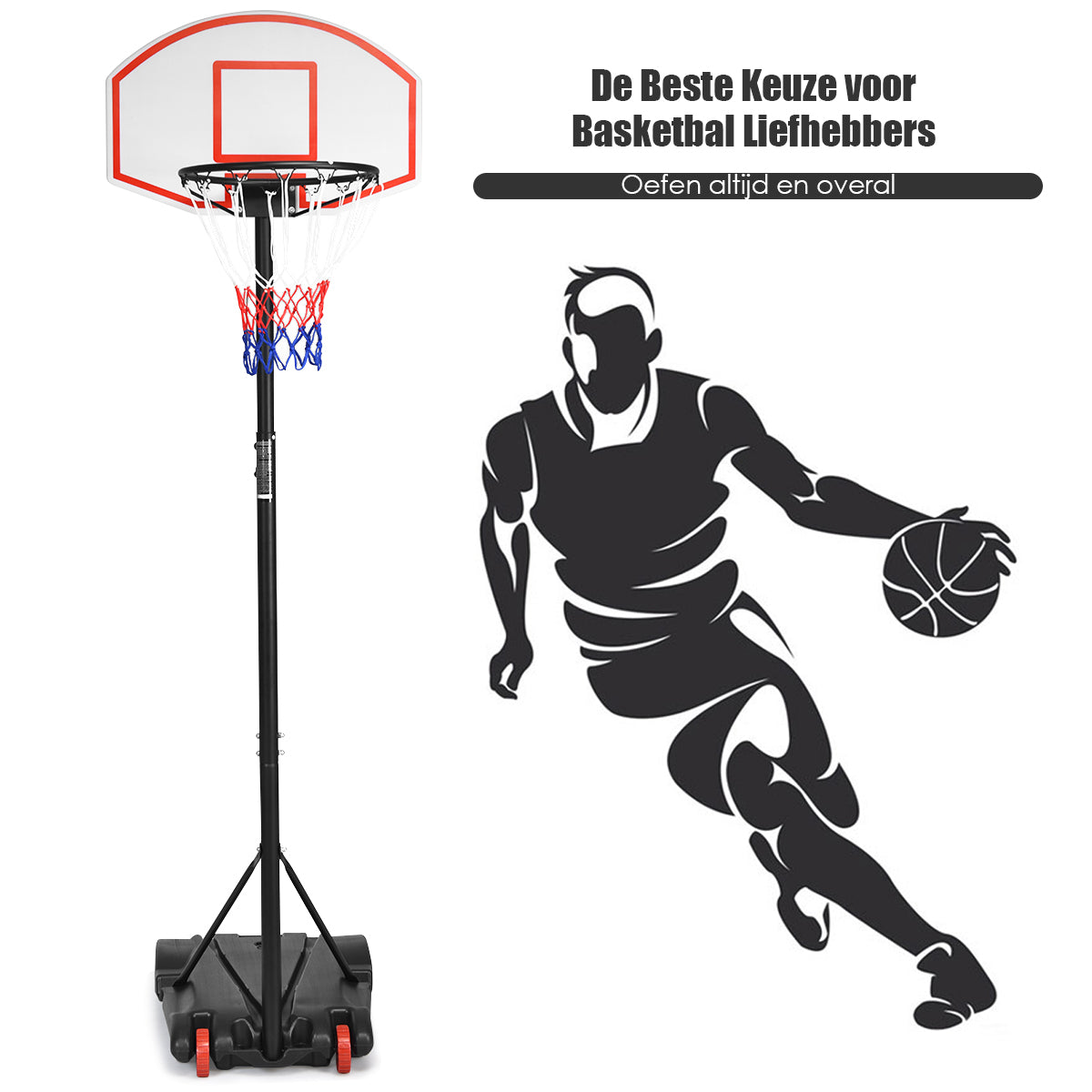 LIVSK Basketbalstandaard - Verstelbaar van 165 tot 215 cm - Met Wielen - Voor Binnen en Buiten - Duurzaam PE en Staal - Zwart