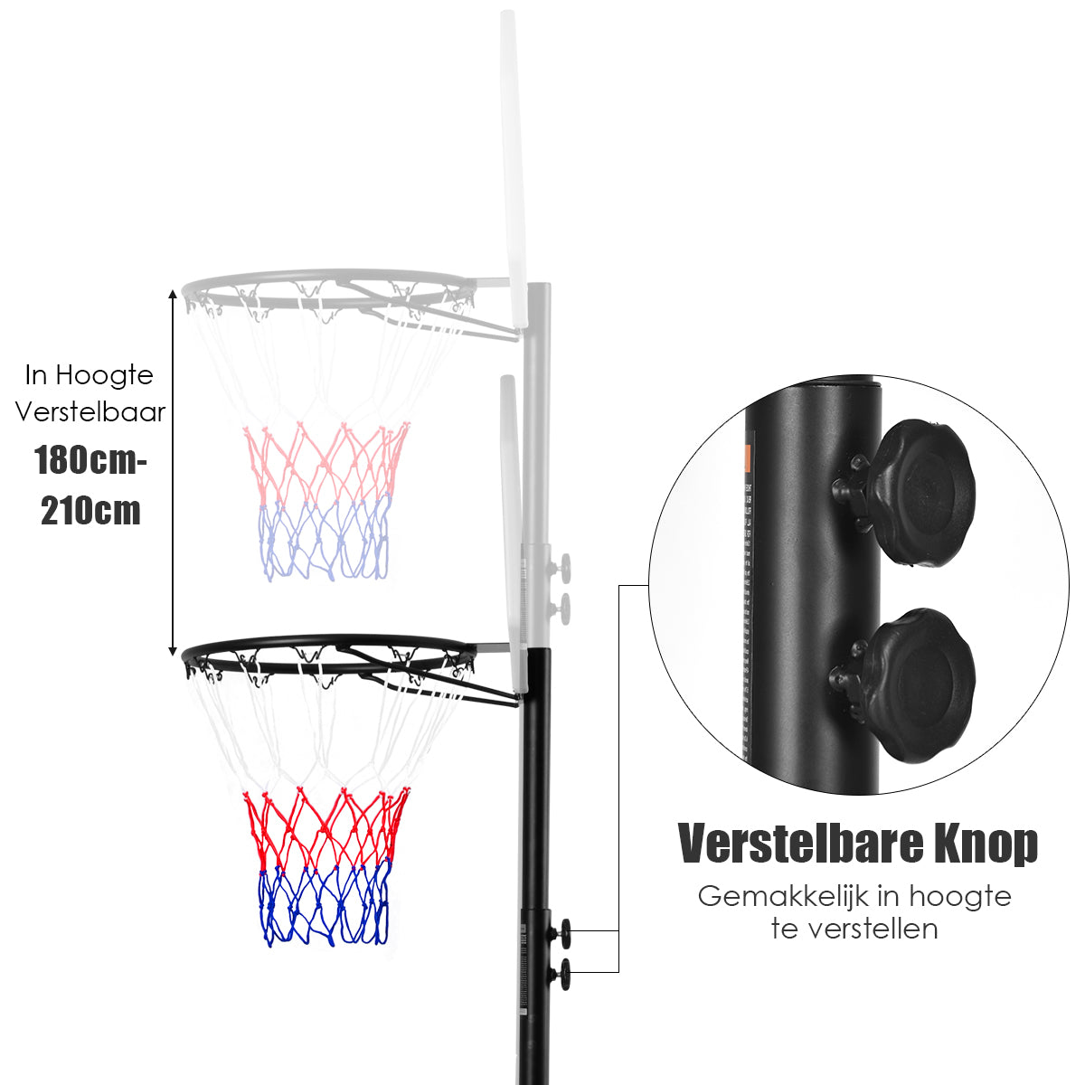 LIVSK Basketbalstandaard - Verstelbaar van 165 tot 215 cm - Met Wielen - Voor Binnen en Buiten - Duurzaam PE en Staal - Zwart