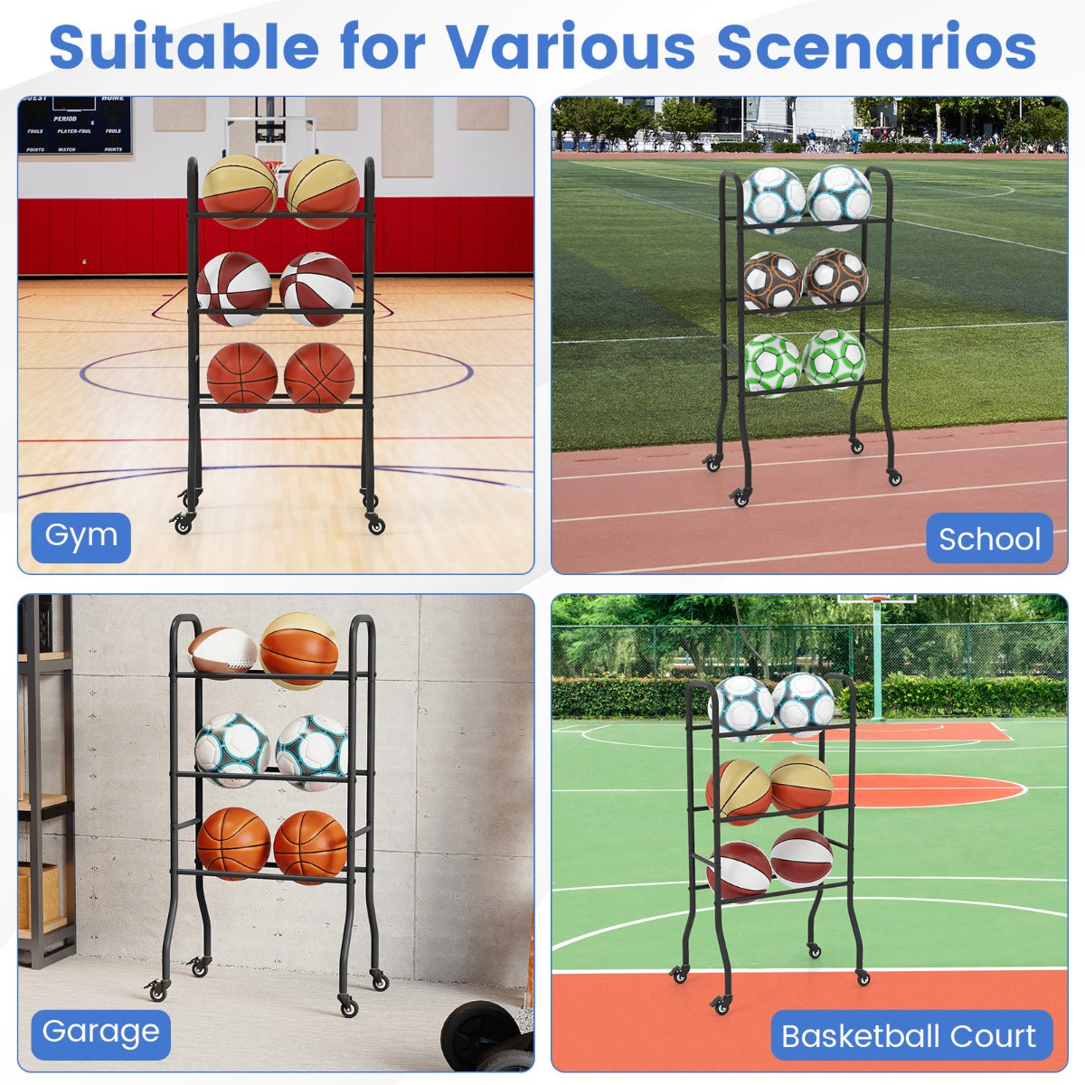 Livsk costway basketbalring met vergrendelbare wielen drielaags basketbalkar 6