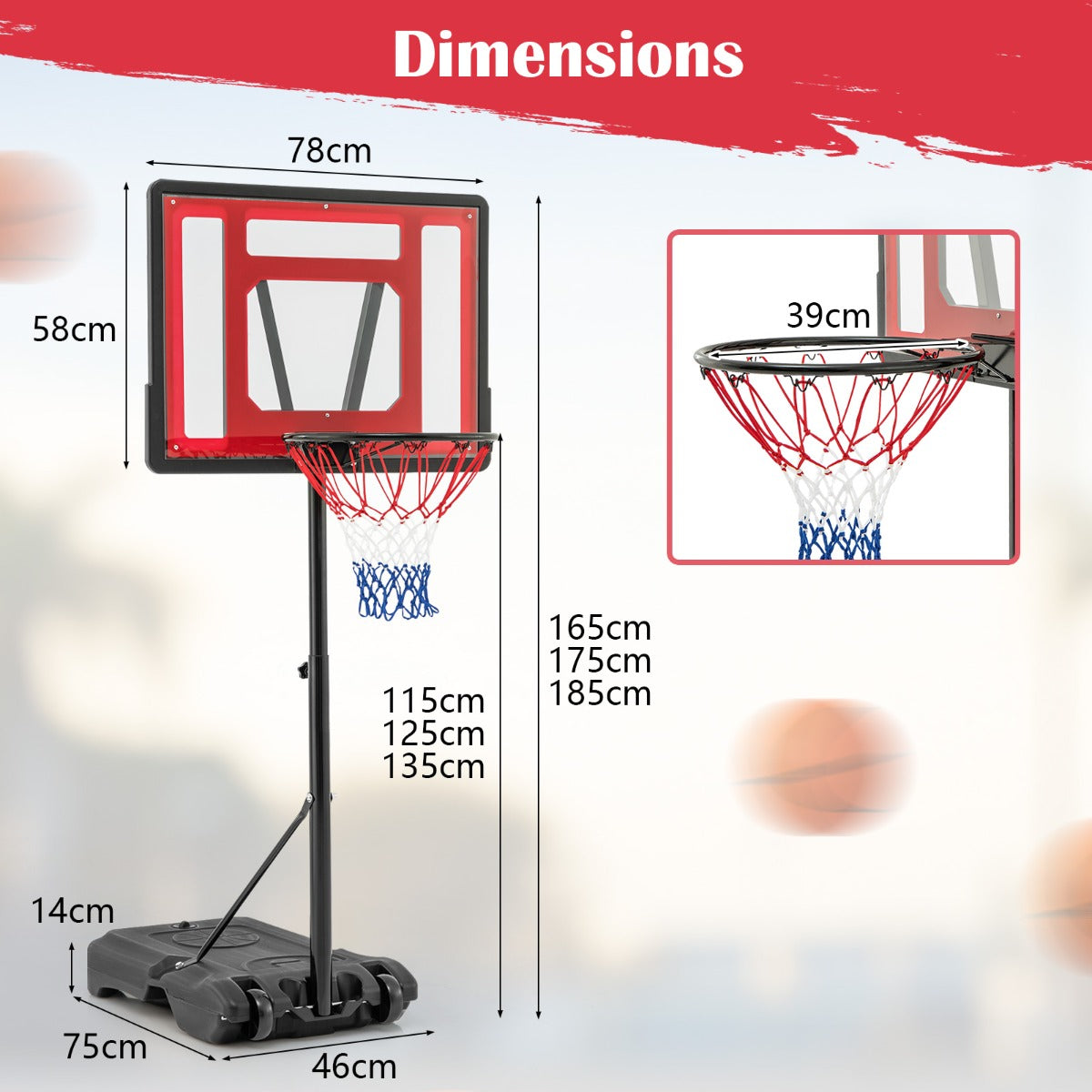LIVSK zwembadbasketbalring - Verstelbare Hoogtes tot 135 cm - Onbreekbaar Achterpaneel - Draagbaar met Wielen - Rood