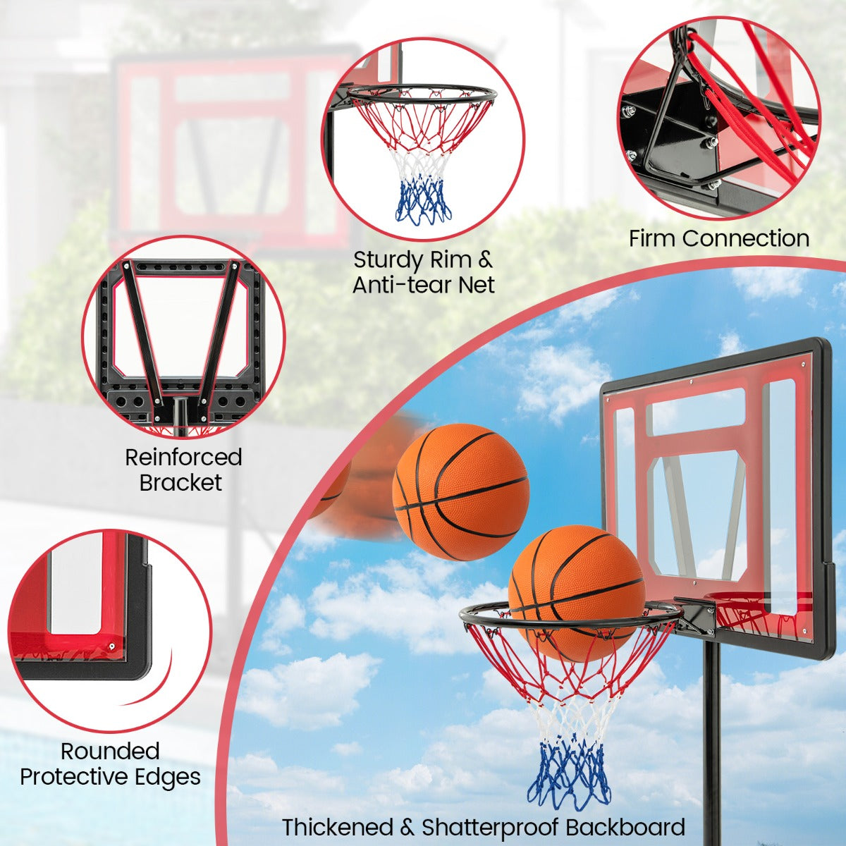 LIVSK zwembadbasketbalring - Verstelbare Hoogtes tot 135 cm - Onbreekbaar Achterpaneel - Draagbaar met Wielen - Rood